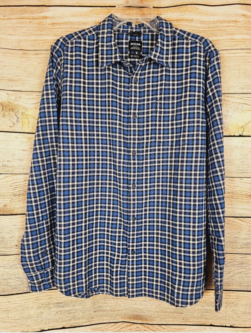 prAna Los Feliz Flannel Long Sleeve Shirt Admiral Blue Plaid Size Medium